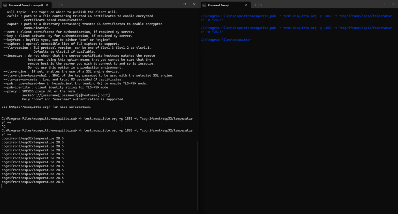 MQTT Communication Test: Test message published using the Mosquitto MQTT publisher and received by the subscriber