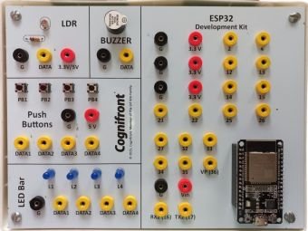 ESP32 Board ESP8266 board with built-in Wi-Fi connectivity, featuring onboard LEDs, buzzer, push buttons, and LDR (Light Dependent Resistor) sensor for hands-on IoT experimentation.