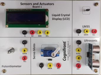 Sensor & Actuator Board Includes sensors and actuators used for temperature, light, distance, display, servo and automation experiments.