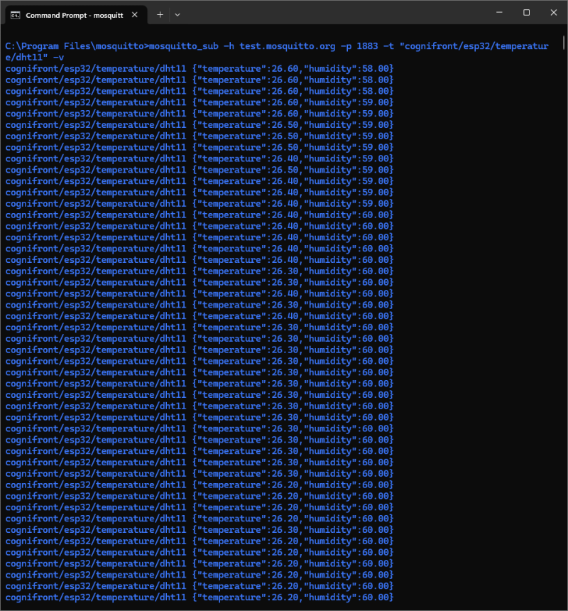 MQTT Subscriber Output: Temperature and humidity data received from the ESP32